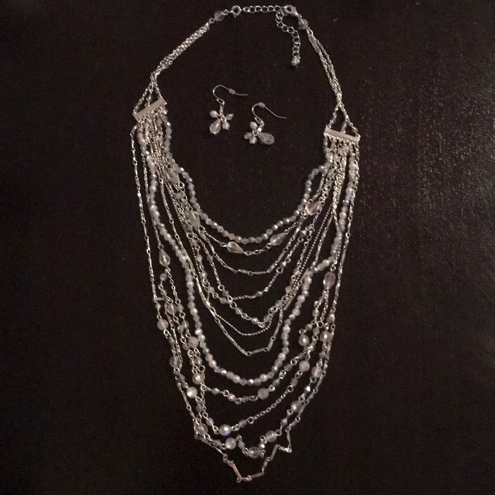 Avon-Multi-strand Silvertone Necklace & earrings